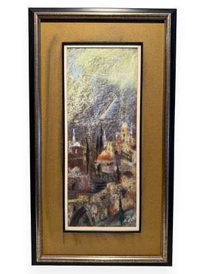 Framed Expressionist Pastel or Chalk Drawing of a Cityscape, Signed 'Eli TRU...'. A framed 