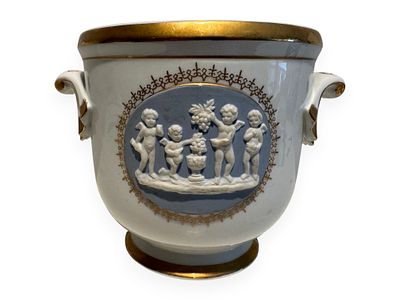 Vista Alegre Portugal Neoclassical Style Cachepot with Putti and Grape Harvest Relief. A ceramic 