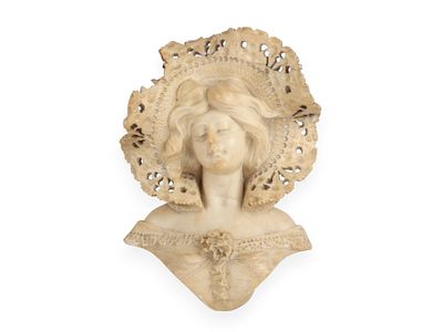 Adolfo Cipriani, Alabaster Bust of a Woman in a Ruffled Bonnet. An alabaster bust by Adolfo 