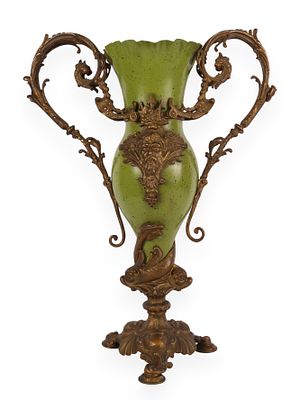 Antique French Rococo Revival Bronze-Mounted Enameled Porcelain Figural Vase. An ornate urn-form 