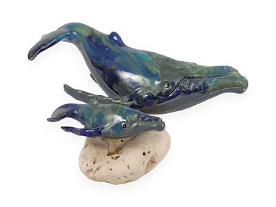 A Late 20th Century Glazed Ceramic Humpback Whale and Calf Sculpture on Natural Stone Base. A 