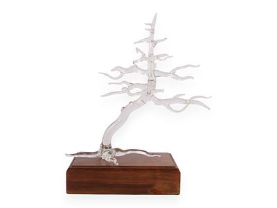 A Modern Lampworked Glass Bonsai Tree Sculpture on Wooden Base. A clear glass decorative 
