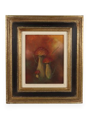 Vintage Framed Oil on Canvas Painting of Mushrooms. A vintage oil on canvas painting depicting a 