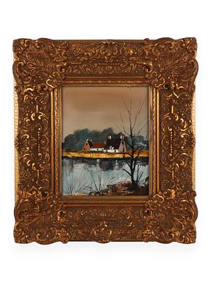 A Naive Landscape Oil on Canvas, Signed 'F. Reus' (or similar), in a Giltwood Rococo-Style Frame. 