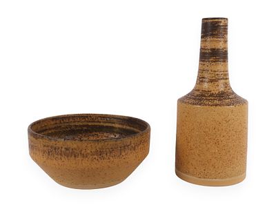 A Pair of Ravnild Denmark Mid-Century Modern Stoneware Vase and Bowl. A pair of Mid-Century 