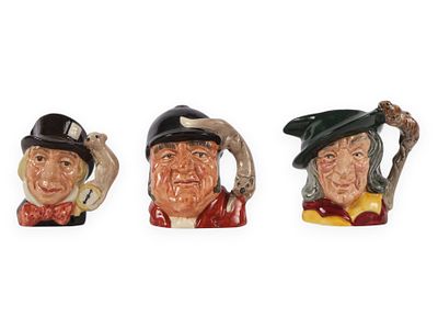 Three Royal Doulton Polychrome Glazed Ceramic Character Jugs: 'Mad Hatter,' 'Goose Away,' and 