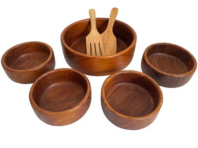 7 Piece Wooden Salad Set. Large 10" Bowl, 4 6" Bowls, 2 Serving Utinsils