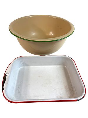 Vintage Enamelware Pair. Cream bowl w green rim 12" diameter, 5" tall; White pan w red rim 10.5"x8"
