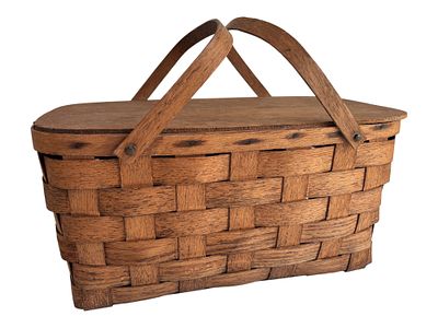 Vintage Woven Wooden Basket with Handles + Lid