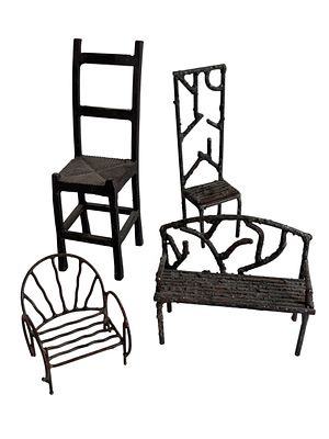 Collection of 4 Assorted Miniature Metal Chairs. Tallest Chair 7.5" Smallest Chair 2.5"