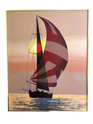 Vintage Original Oversized Sailboat Painting. Artist Signed Lee Reynolds