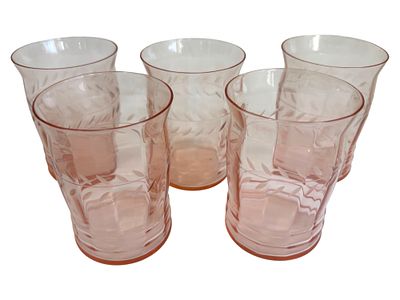 Set of 5 Pink Etched Depression Glass Juice Glasses. Beautiful condtion; No chips/cracks