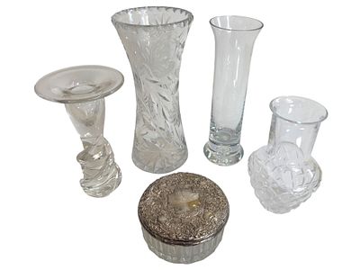 5 Piece Vintage Crystal/Glassware Collection. Etched Crystal Vase 8.5" tall, Handblown Glass 
