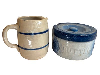 Stoneware Pair - Antique Lidded Butter Crock + Striped Pitcher