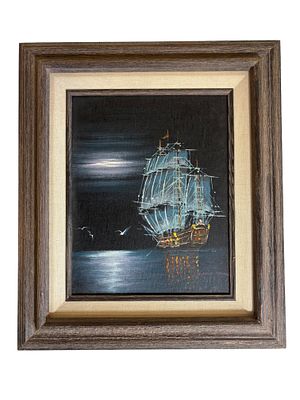 Vintage Original Ship Oil Painting