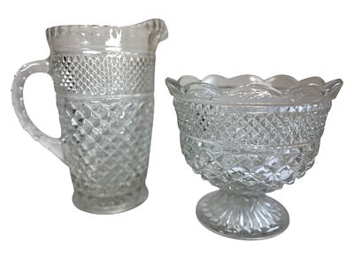 Pair Vintage Anchor Hocking Wexford Pressed Glass 64 oz Pitcher and Footed Compote Bowl