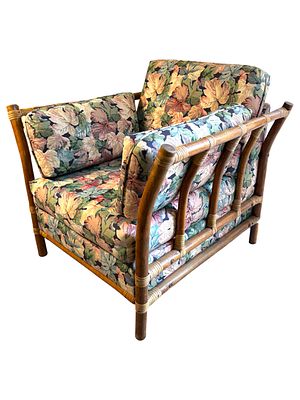 Vintage Bamboo Chair with Floral Upholstery. Coordinating love seat in lot 69