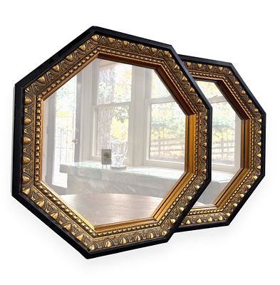A Pair of Vintage Octagonal Wall Mirrors, Black and Giltwood, Hollywood Regency Style. A 