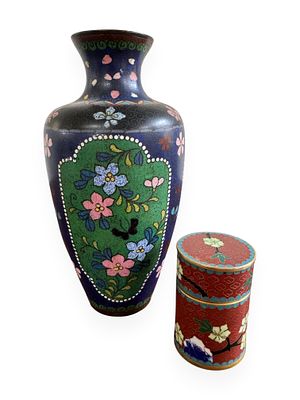 A Japanese Meiji Period Cloisonn&eacute; Enamel Vase and Lidded Box. A Japanese Meiji Period cloisonn&eacute; 