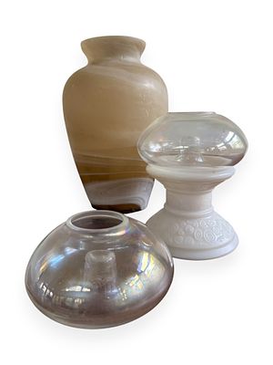 A Group of Three Art Deco Marbled Glass Vase and Iridescent Glass Lamp Components, circa 1930s. T 