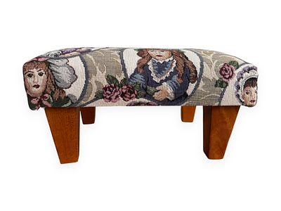 Vintage Tapestry Upholstered Footstool with Stylized Doll Figures. A rectangular footstool or 