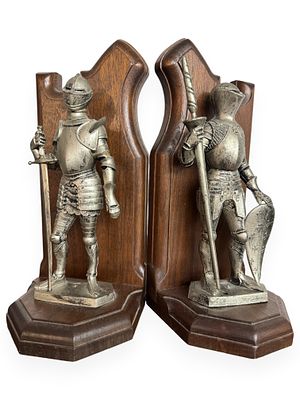 A Pair of Medieval-Inspired Cast Metal and Wood Knight Bookends, Gothic Revival Style. A pair of 