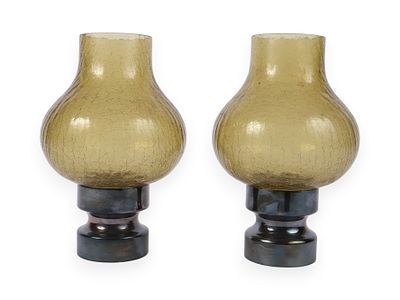 A Pair of Mid-Century Modern Towle Electro-Plate and Crackle Glass Hurricane Lamps. A pair of 