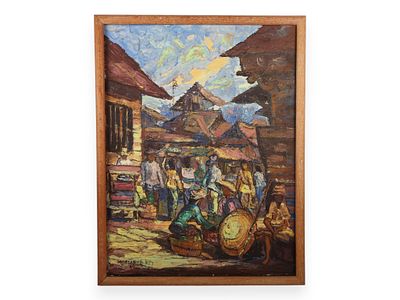 Soedarno KM (Indonesian, 20th Century), Village Market Scene, Oil on Canvas. This oil on canvas 