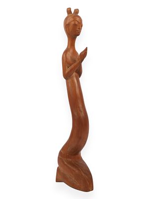 Balinese Mid-Century Style Elongated Carved Wood Female Figure. This hand-carved tropical 