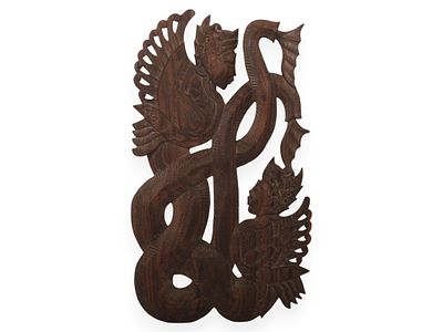 Balinese Hand Carved Wood Relief Plaque Depicting Mythological Figures and Naga. This is a 