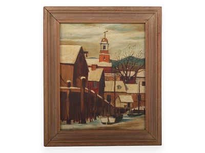 American School, Mid-20th Century, Winter Harbor Scene with Church Tower. This original oil 