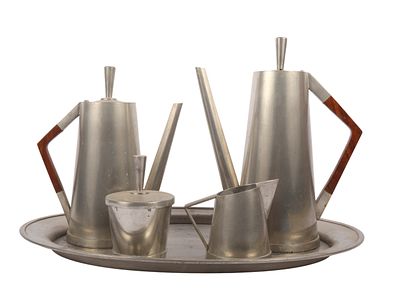 A Set of Mid-Century Modern H.K. Oka Hand-Wrought Indonesian Banka Tin and Teak Beverage Service. 