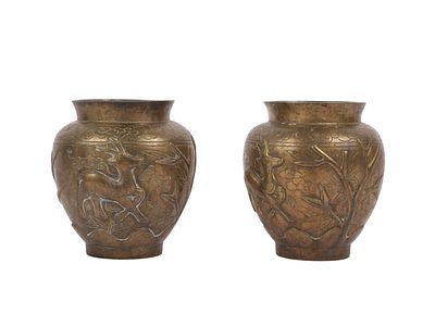 A Pair of Chinese Chased Brass Vases with Deer and Floral Motifs, Late 19th to Early 20th Century. 