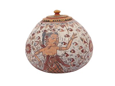 Balinese Kamasan Style Painted Gourd Jar with Lid. This lidded vessel is decorated in the 