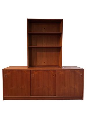 Two Piece Danish Modern Teak Wall Unit in the Style of Domino Mobler. This mid-century modern 