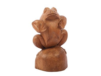 Hand Carved Wood Praying Frog Sculpture. This hand-carved hardwood sculpture depicts a frog in 