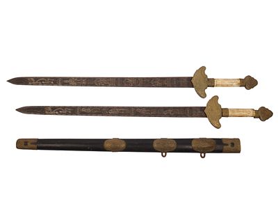 A Pair of Chinese Twin Swords (Shuangjian) in Shared Scabbard, Late 19th to Early 20th Century. T 