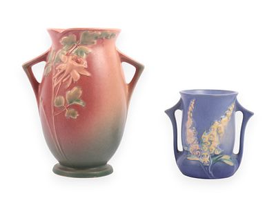Two Roseville Art Pottery Vases. Two Roseville ceramic art pottery vases featuring floral relief 
