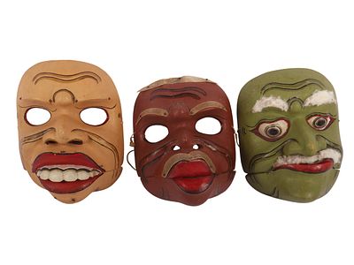 A Trio of Indonesian Wayang Orang Carved Wood Dance Masks. A set of three hand-carved and 