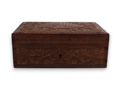 Vintage Carved Wood Jewelry Box with Peacock and Foliate Relief. A rectangular jewelry or vanity 