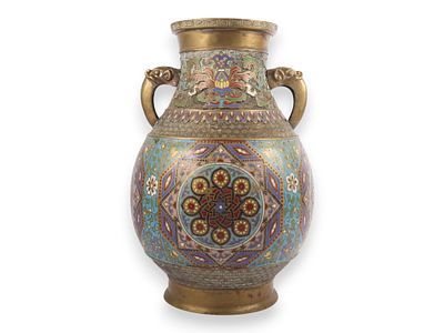 Large Chinese Cloisonne and Champleve Enamel Gilt Metal Double-Handled Vase. A large 