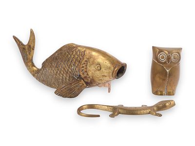 A Trio of Cast Brass Animal Figurines including a Koi Fish, Owl, and Lizard. This lot features 