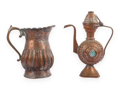 Two Egyptian Copper Decorative Vessels Including a Pitcher and a Lidded Ewer. This lot comprises 