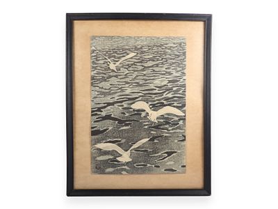 Masaharu Aoyama, Seagulls Woodblock Print. This woodblock print, titled Seagulls, is by Japanese 