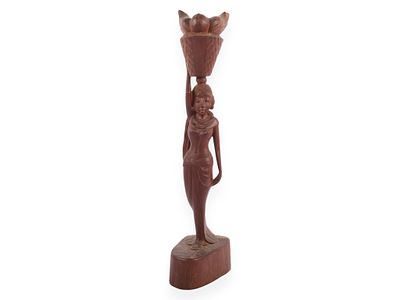 Mid-Century Balinese Style Hand Carved Hardwood Female Figure with Basket. A mid-century 