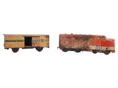 Two Marx Tin Lithograph Train Cars Including Southern Pacific 6000 Locomotive and Pennsylvania 