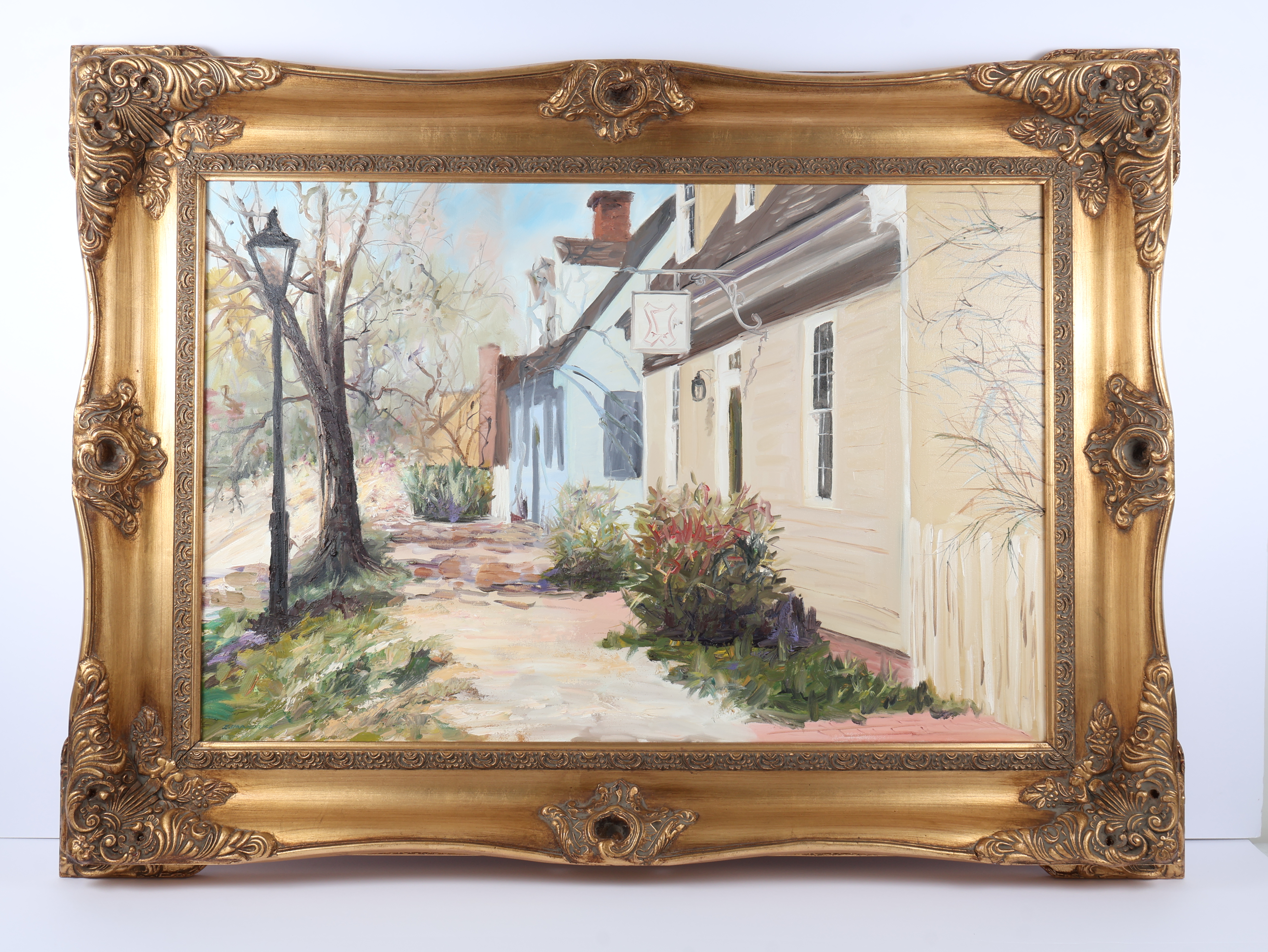 Gene Mandrick, Colonial Street Scene, Oil on Canvas (Signed)
