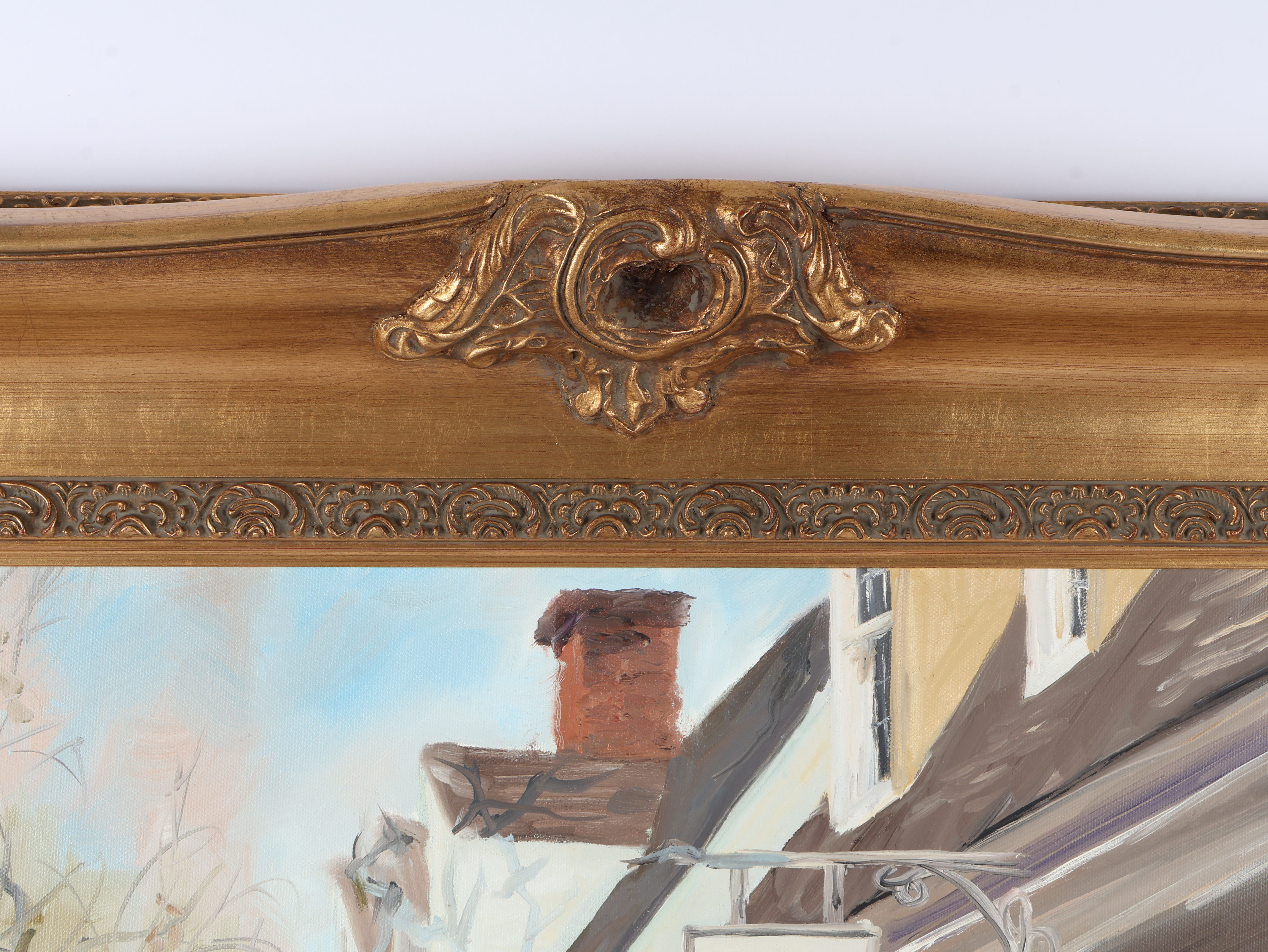 Gene Mandrick, Colonial Street Scene, Oil on Canvas (Signed)