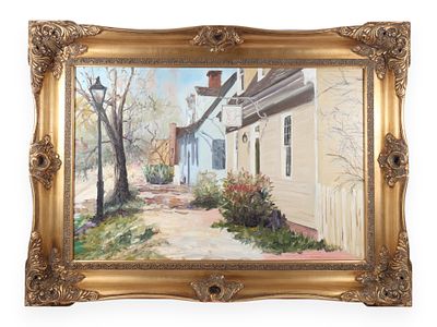 Gene Mandrick, Colonial Street Scene, Oil on Canvas (Signed). An oil painting on canvas by Gene 