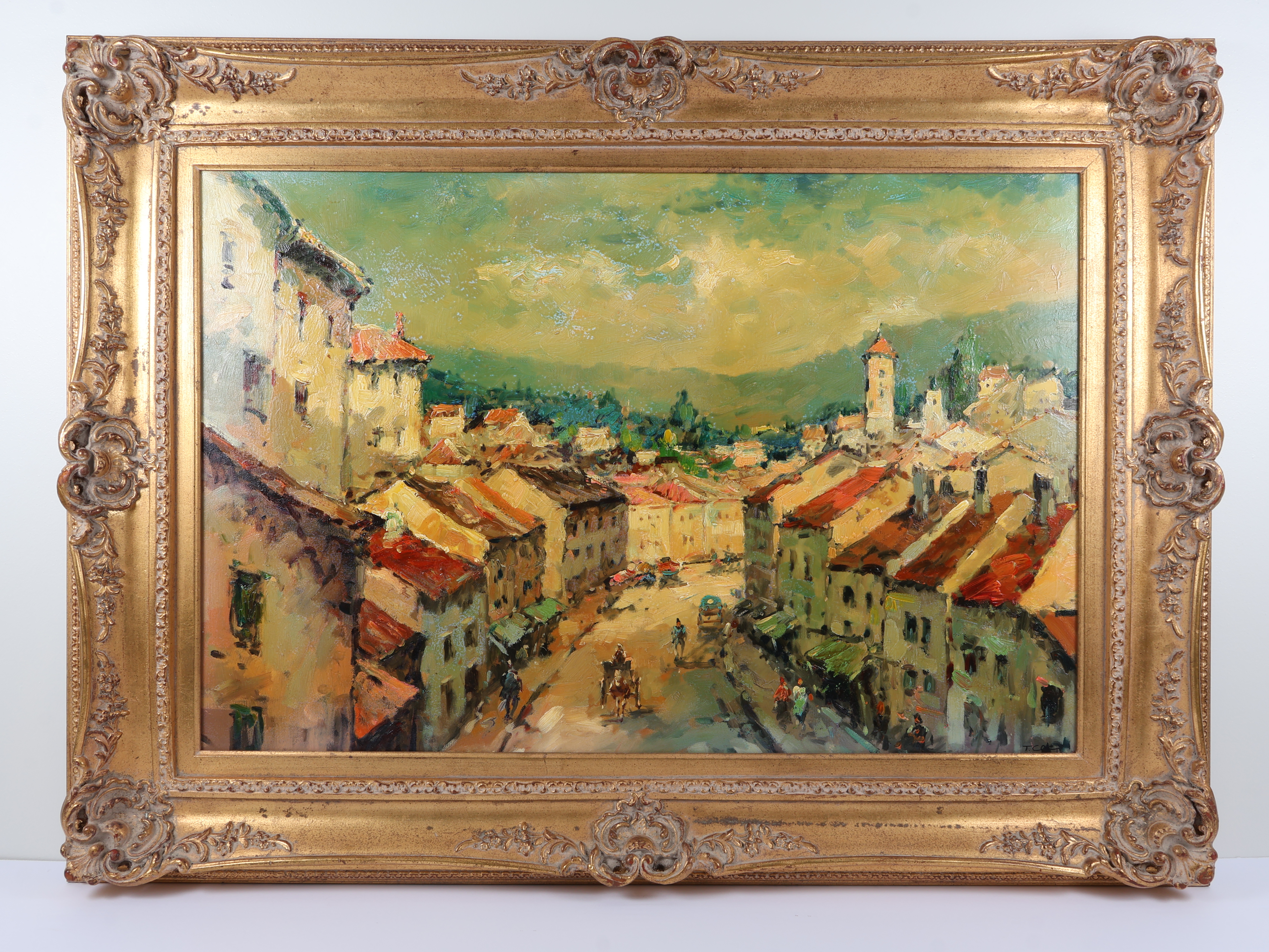 T. Cole, European Street Scene with Figures and Carriages, Oil on Canvas (Signed)